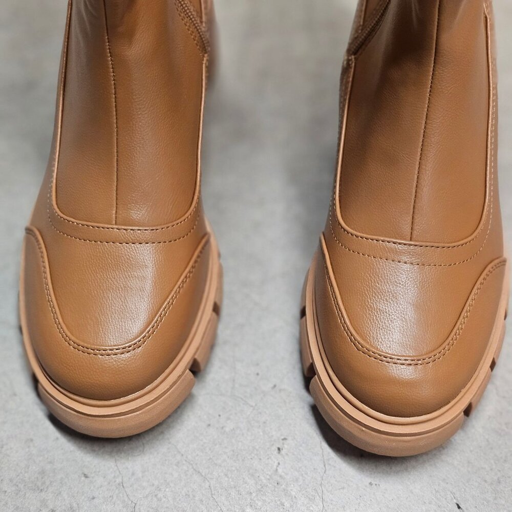 Womens Tan Faux Leather Mid-Calf Boots With Chunky Sole & Faux Shearling Trim - Picture 3 of 6